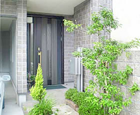 有限会社あいホーム：玄関アプローチに緑を配置